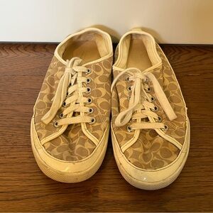 Coach Logo Brown and Tan Lace-Up Canvas Sneakers Size 8